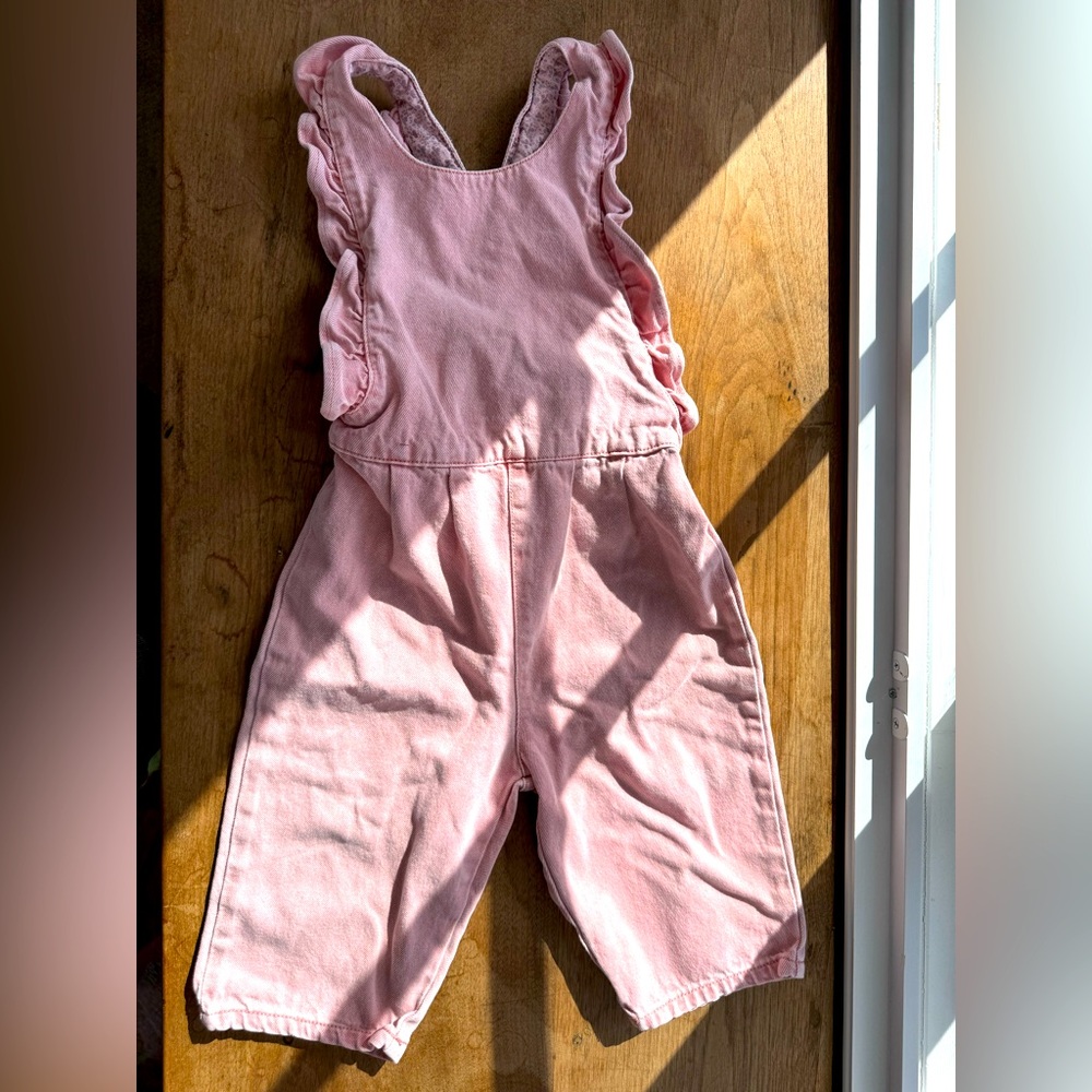 Zara toddler pink ruffle denim overalls